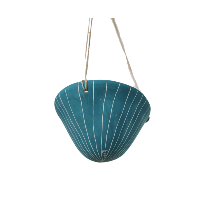 Vertical Lines Hanging Planter - Teal & White