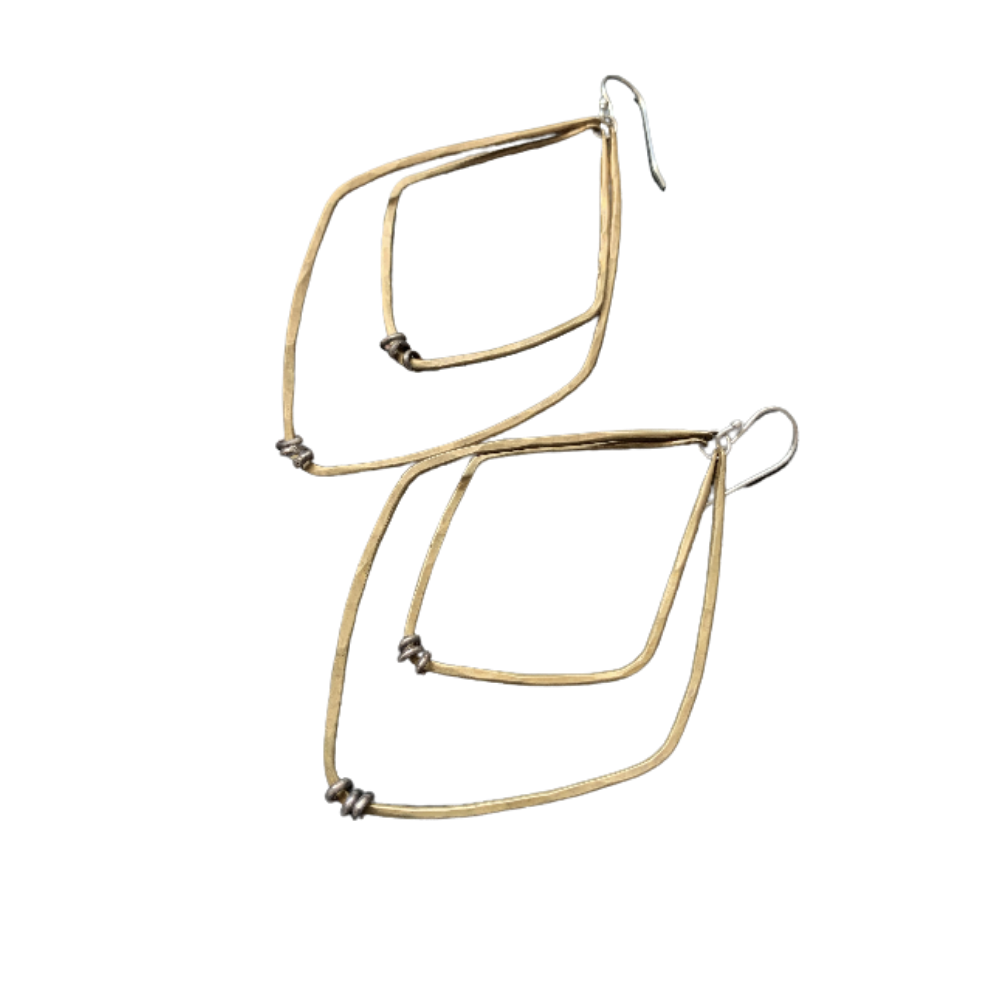 Large Brass Diamond Shape Double Hoops with Silver Heishi
