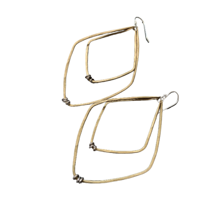 Large Brass Diamond Shape Double Hoops with Silver Heishi