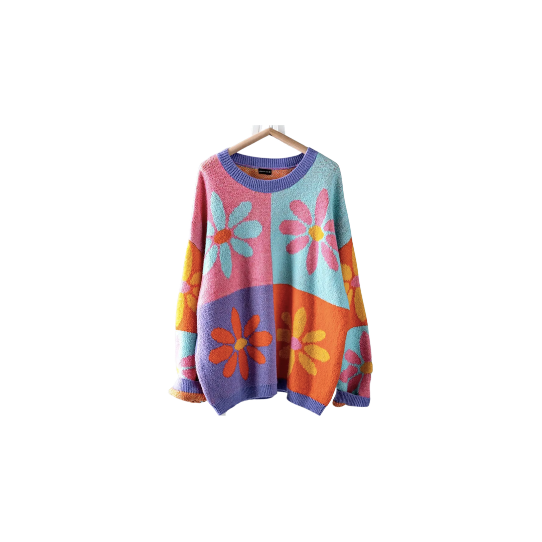 Oversized Floral Color Block Square Cozy Sweater