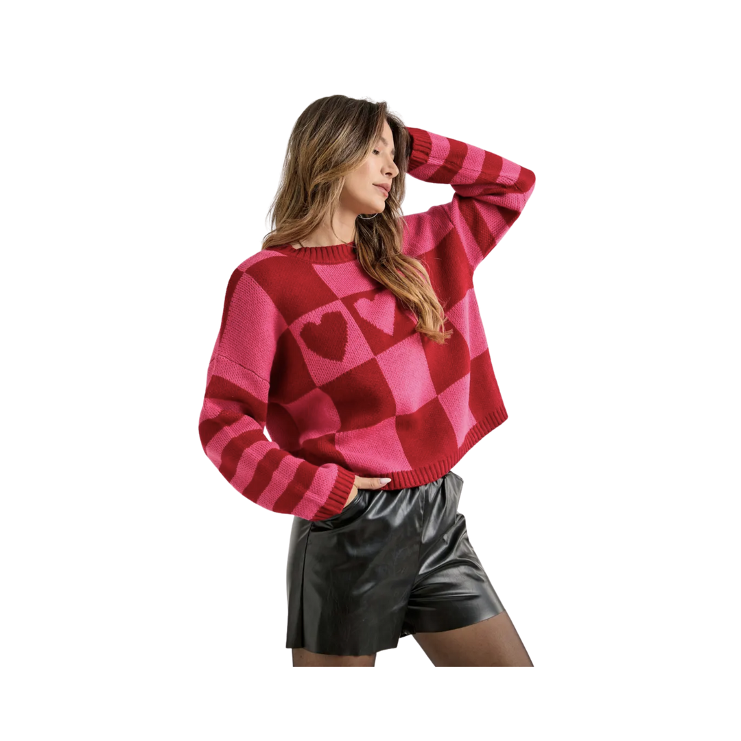 Heart checker stripe mixed pattern sweater top
