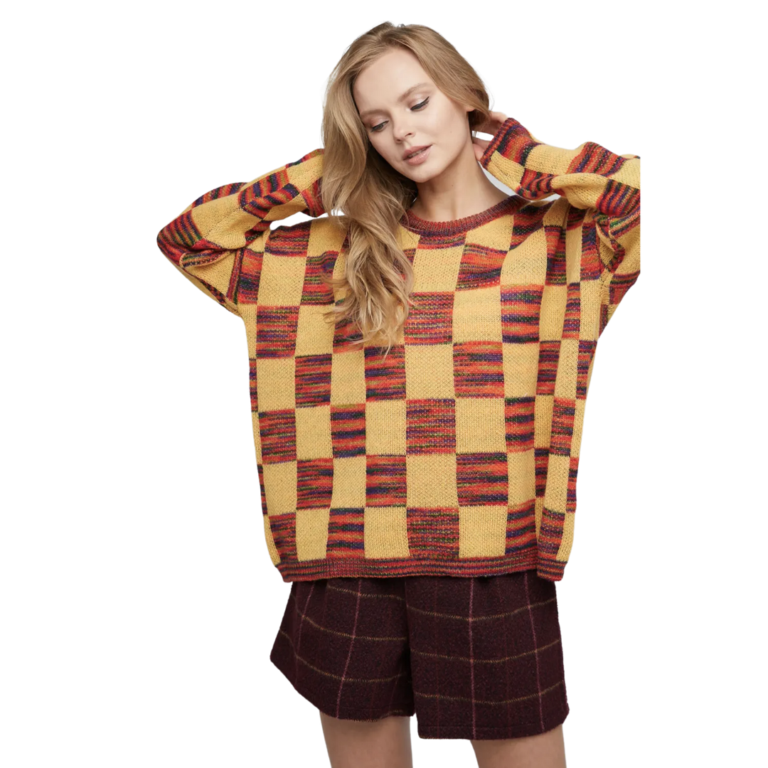 Thread Checkered Sweater Top Mustard