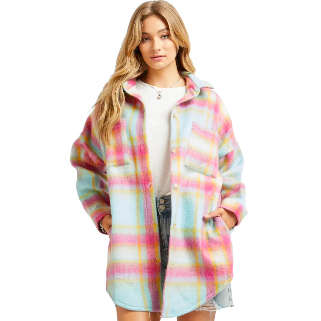 Plaid Button Down Jacket - Pink Multi