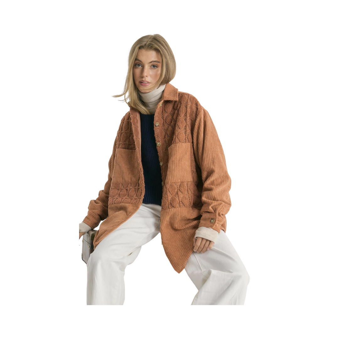 Velvet Lace Details Mixed Relaxed Fit Corduroy Shacket