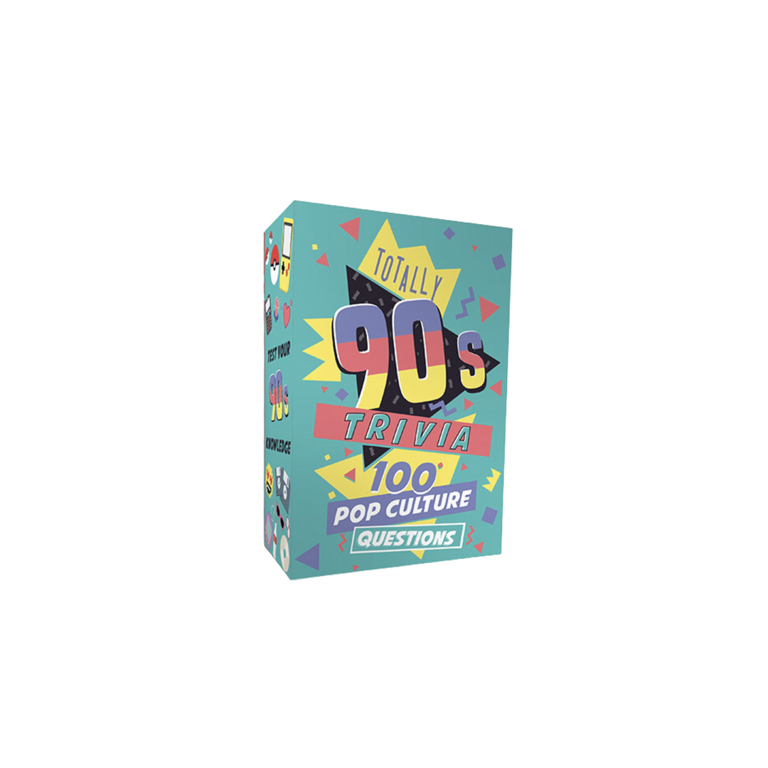 Retro pattern with text reading "Totally 90s Trivia 100 Pop Culture Questions". Are you still stuck in the 90s? Well put down your tamagotchi, grab your friends and test yourself on everything from The Fresh Prince of Bel-Air to Britney Spears. Dimensions: 1 x 10 x 6.3cm.