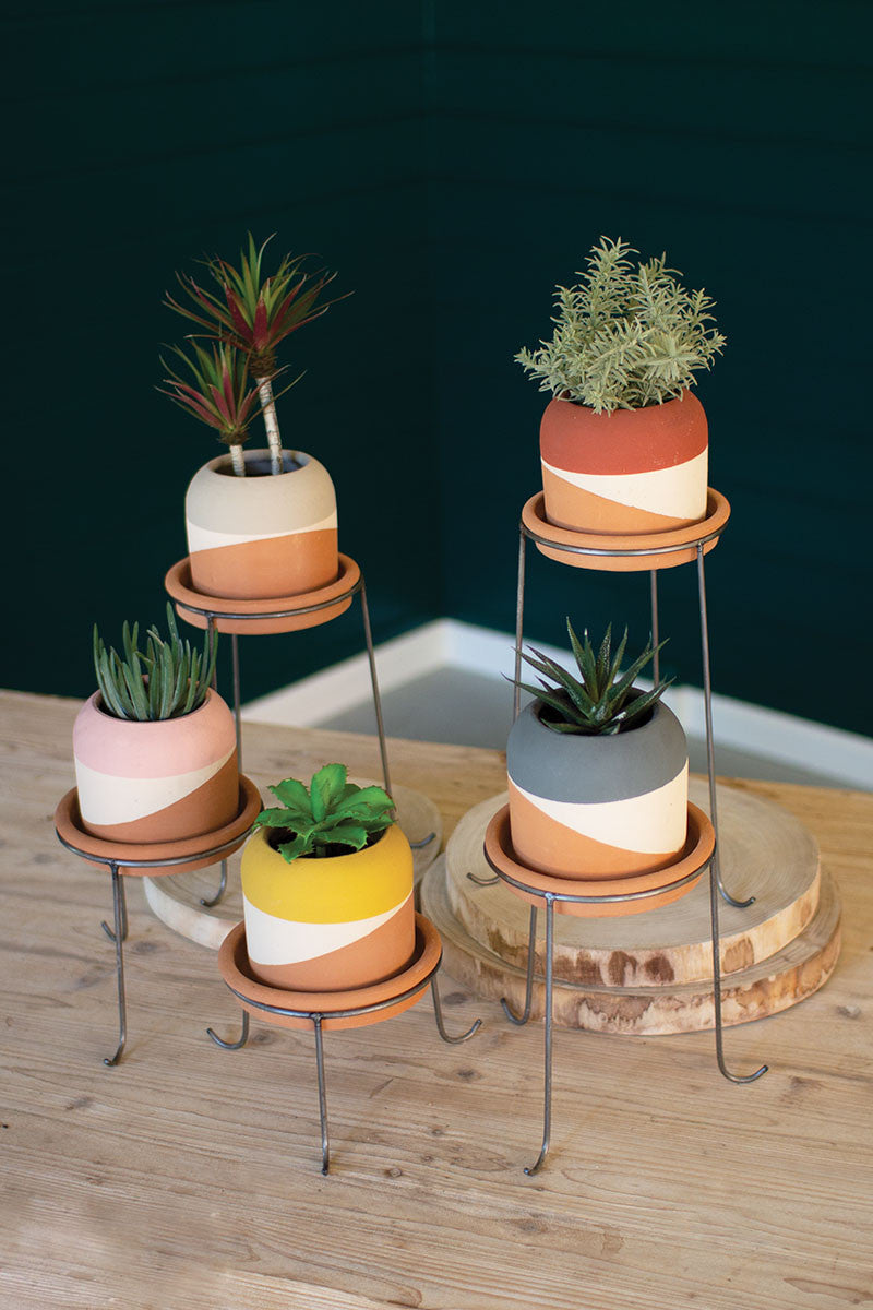 Color Dipped Clay Pots with Metal Bases