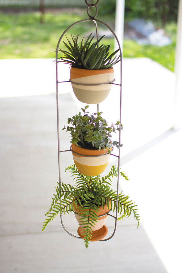 Hanging Triple Clay and Wire Planter