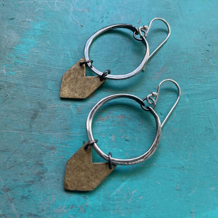 Tiny Silver Hoops with Hammered Brass Chevrons