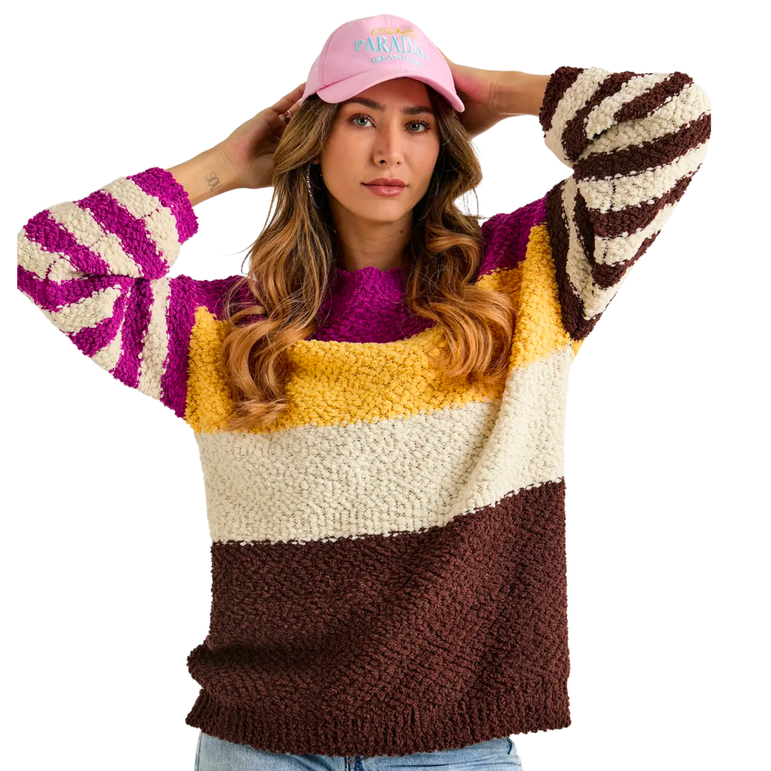 Stripe Colorblock Sweater Top - Plum Combo