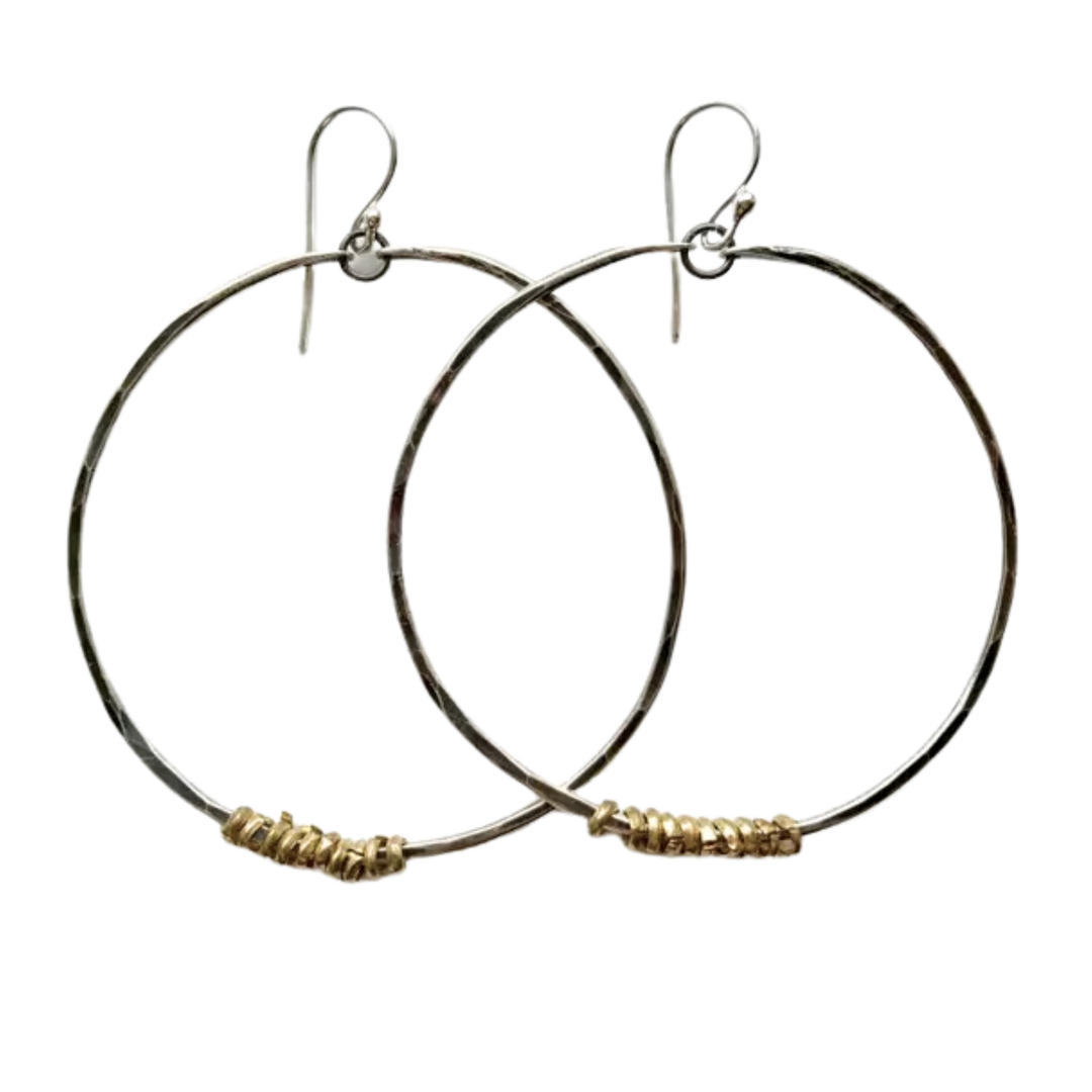 Silver Hoops with Brass Heishi Beads Large
