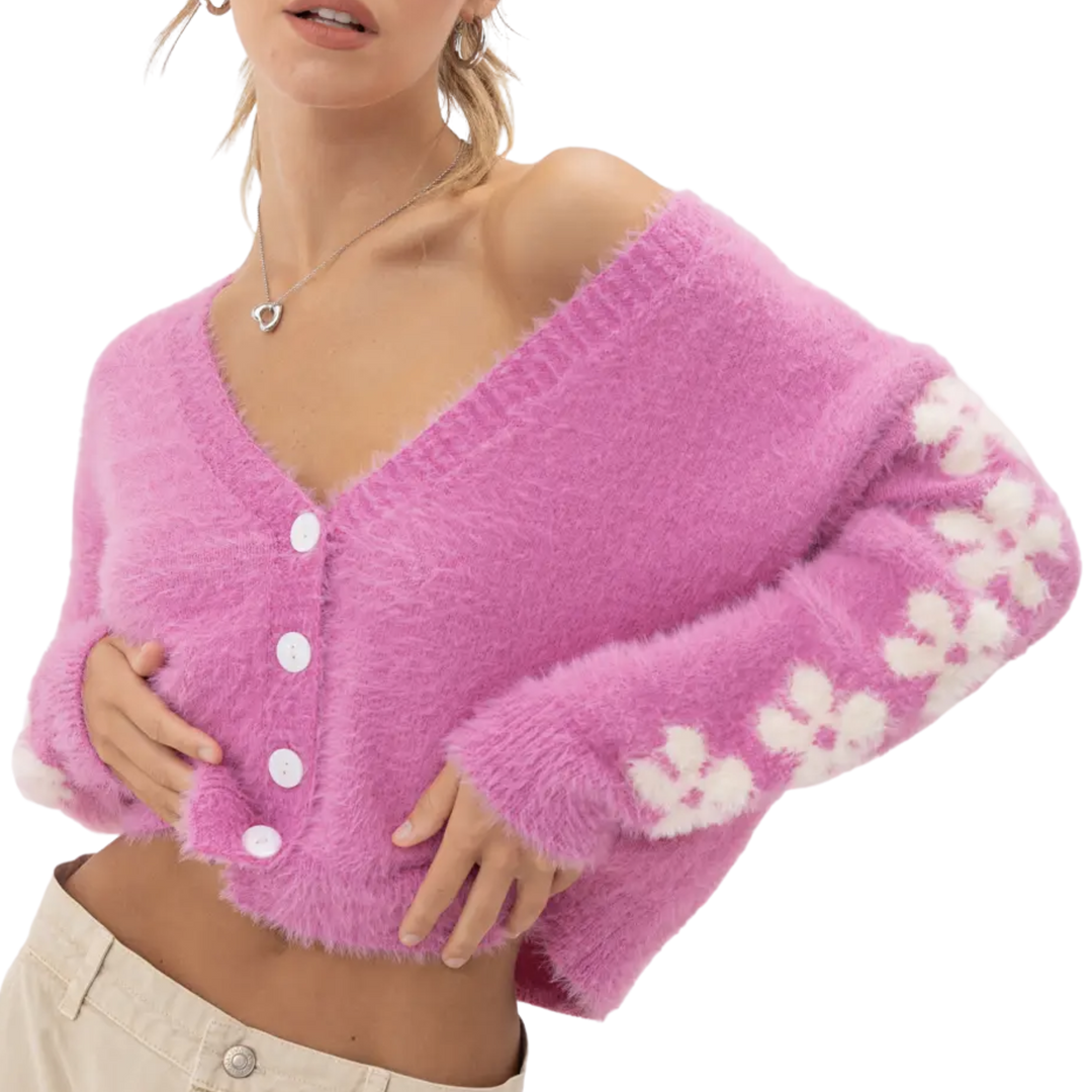 Floral Sleeve Fuzzy Cardigan