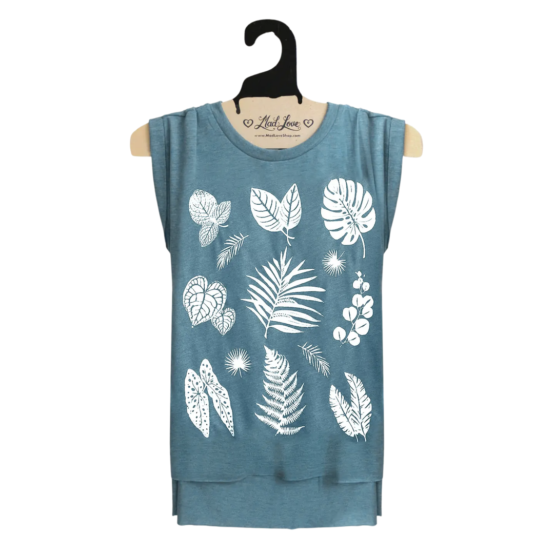 Tri Blend Blue Muscle Tee with Plants Print