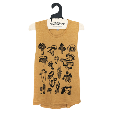 Tri Blend Yellow Gold Mustard Muscle Tank with Mushrooms