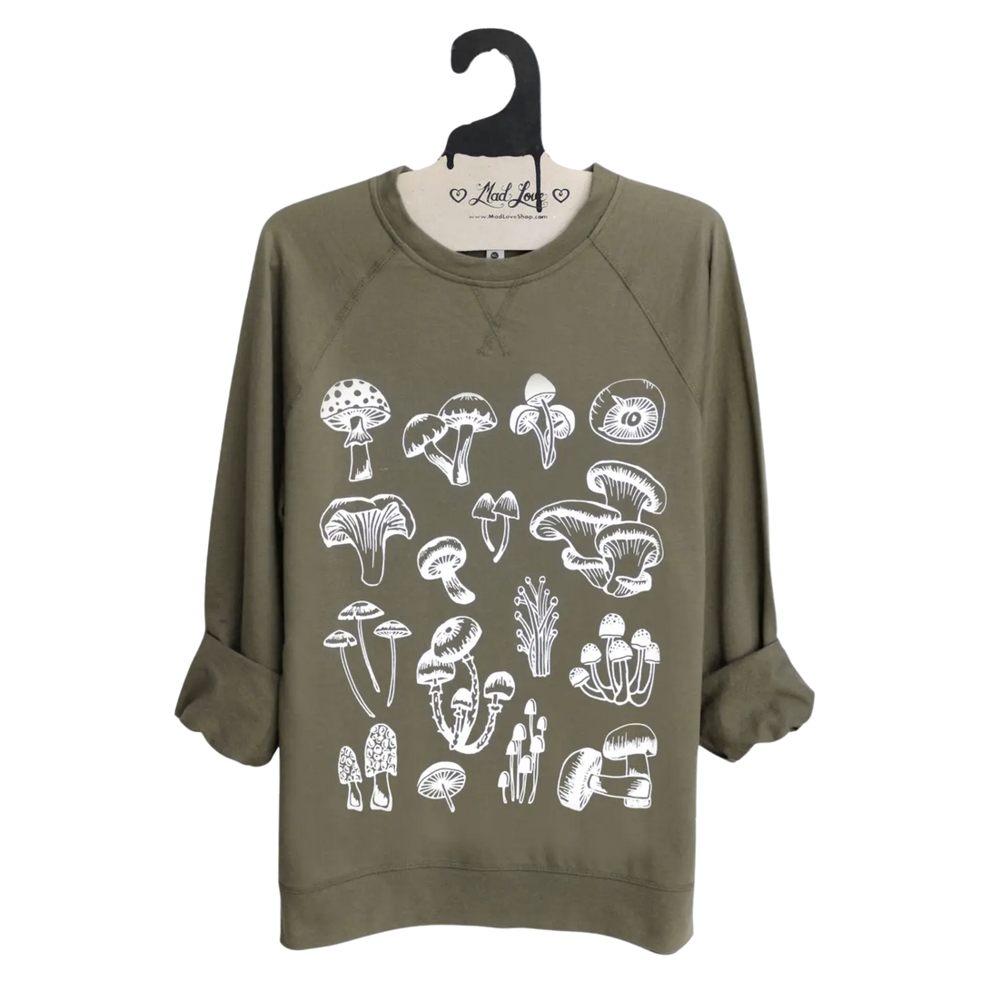 Unisex Olive Lightweight Terry Sweatshirt with Mushroom