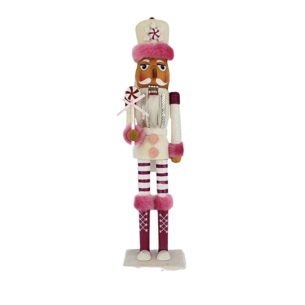 Pink Red Slim Candy Cane Nutcracker with Faux Fur Hat 14 inch