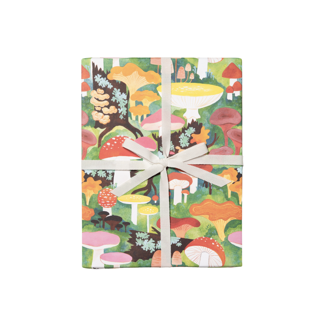 Colorful mushroom illustration. Sheet - Single (1) 19 x 27 inch sheet   Roll - Three (3) 19 x 27 inch sheets of flat wrap, rolled and sealed together.   Illustrated by Kelsey Garrity Riley.