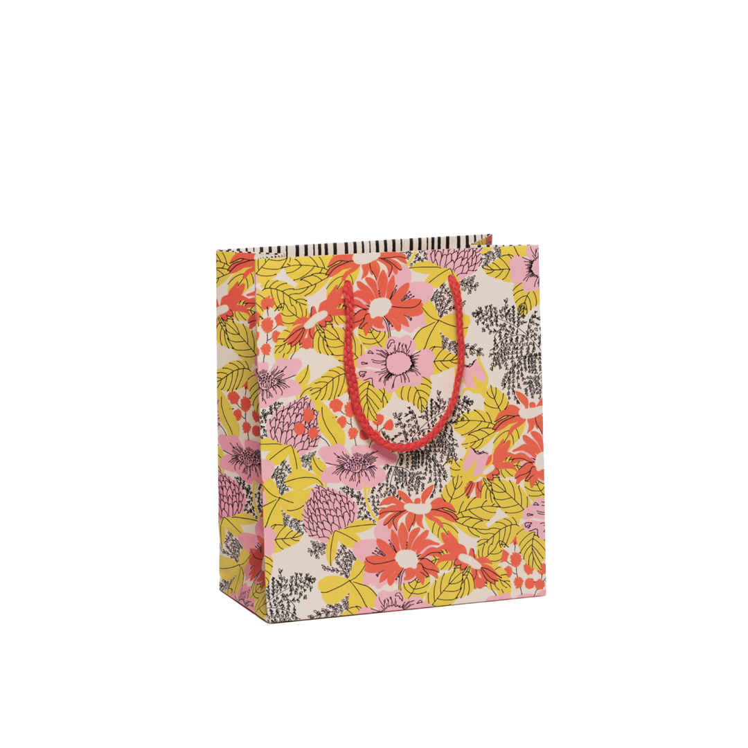  Floral gift bag.Size small - 8" x 4" x 9.5". Durable coated paper with a cotton rope handle. Crafted by Dylan Mierzwinski; proudly made in the USA!