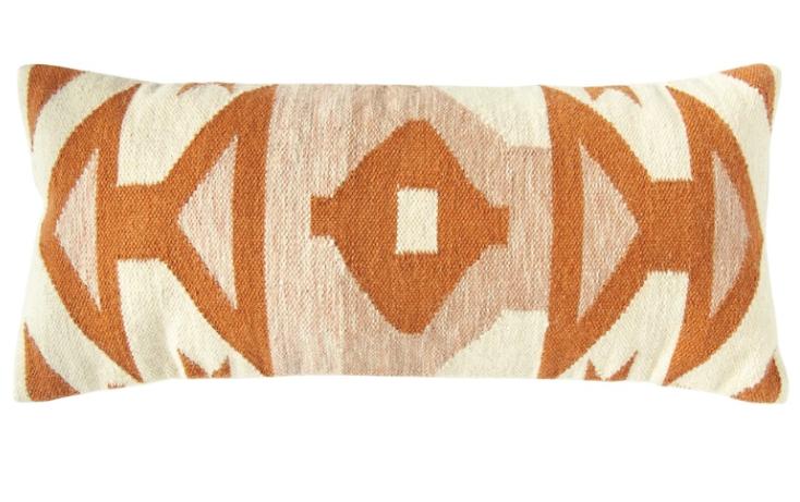 Hand-Woven Cotton Kilim Lumbar Pillow, Pink, Brown & Cream Color