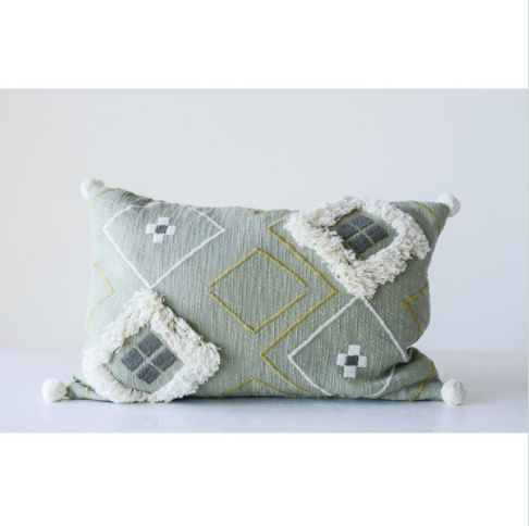 Cotton Woven Embroidered Pillow w/ Fringe & Pom Poms, Sage Color