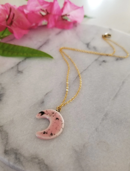Pink and Black Speckle Crescent Necklace