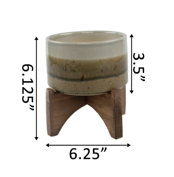 5" Ash Finish Ceramic Planter On Wood Stand