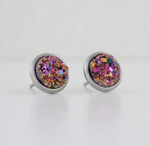 Pink Gold Blue Druzy Crystal Earrings