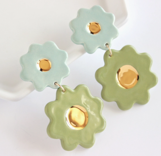 Gold Flower Ceramic Statement Earrings -Dusty Blue/Sage