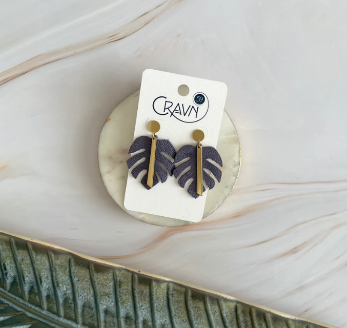 Monstera Brass and Leather Dangle Earrings