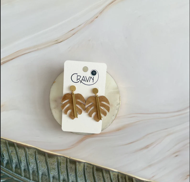 Monstera Brass and Leather Dangle Earrings