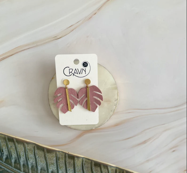 Monstera Brass and Leather Dangle Earrings
