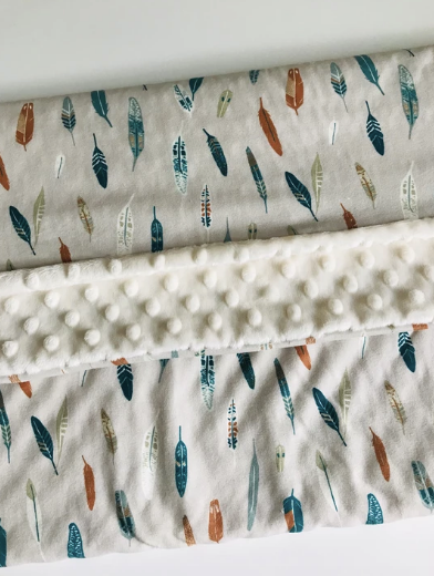 Organic Cotton Jersey + Minky Baby Blanket - Feathers on Grey