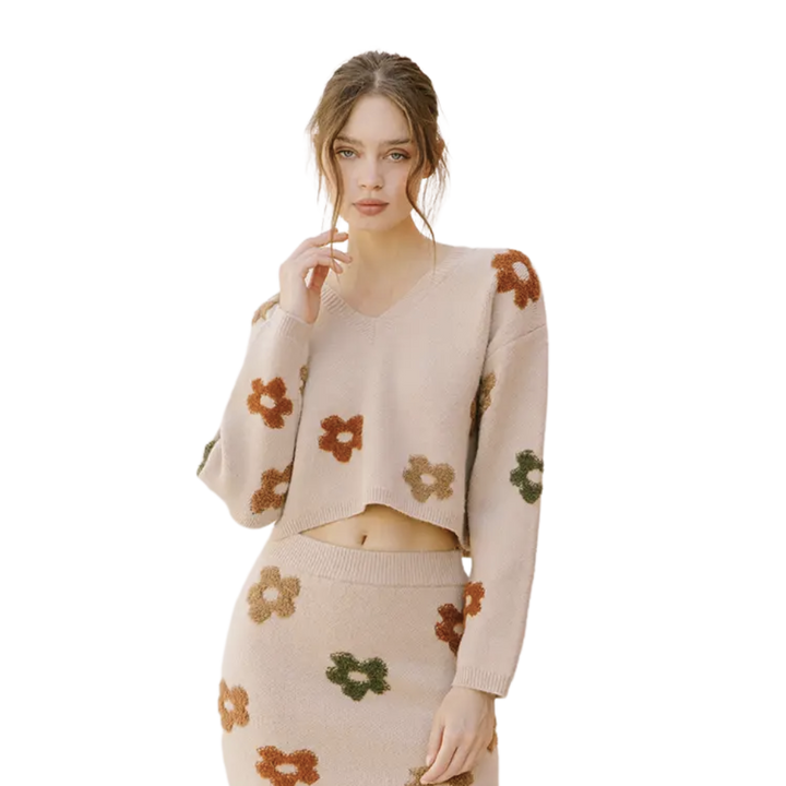 Multi-Color Daisy Cropped Knit Sweater