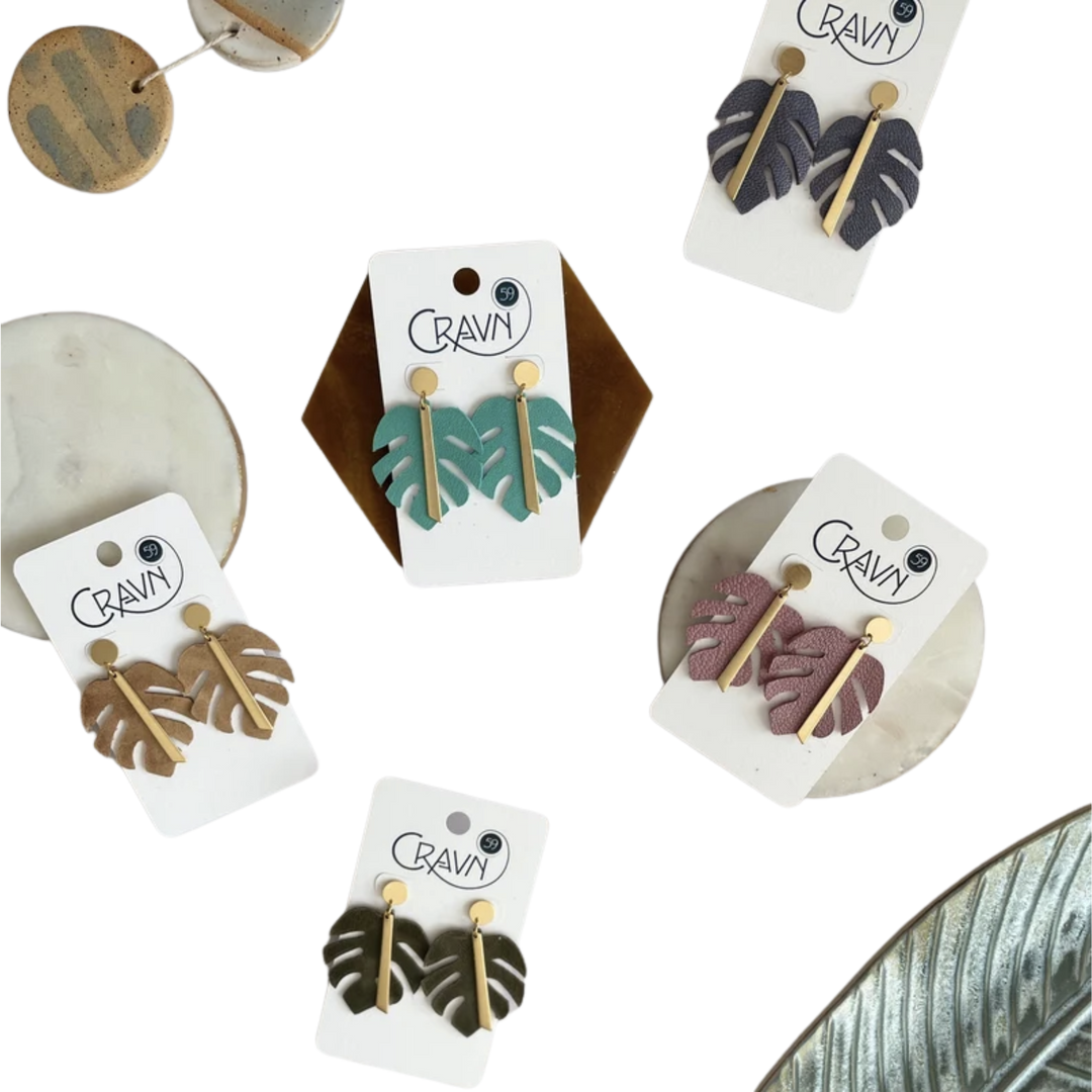 Monstera Brass and Leather Dangle Earrings