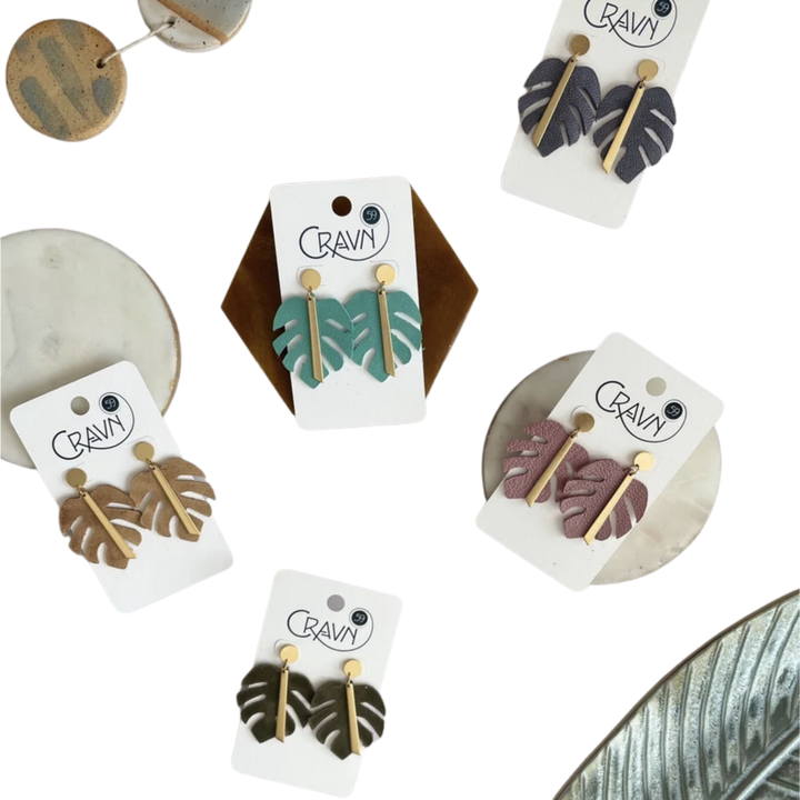 Monstera Brass and Leather Dangle Earrings