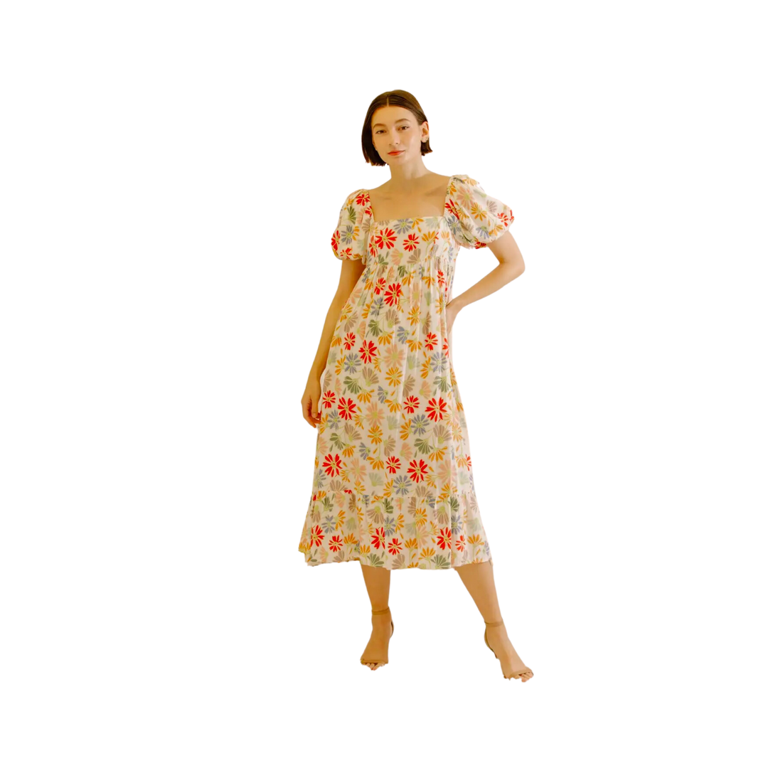 Multi Color Daisies Baby Doll Midi Dress