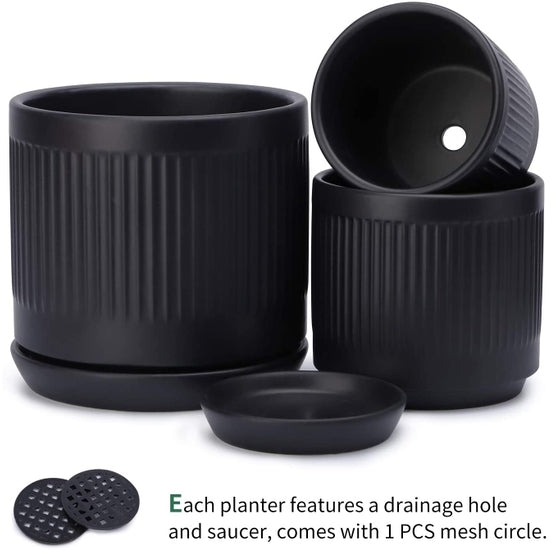 Matte Black Fluted Cylinder Ceramic Plant Pots
