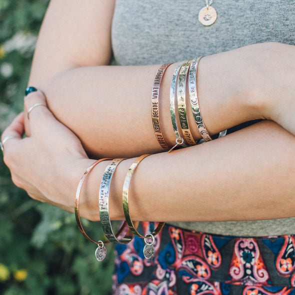 Be Fearless in the pursuit of what sets you free // brass bangle Bracelet with silver charm