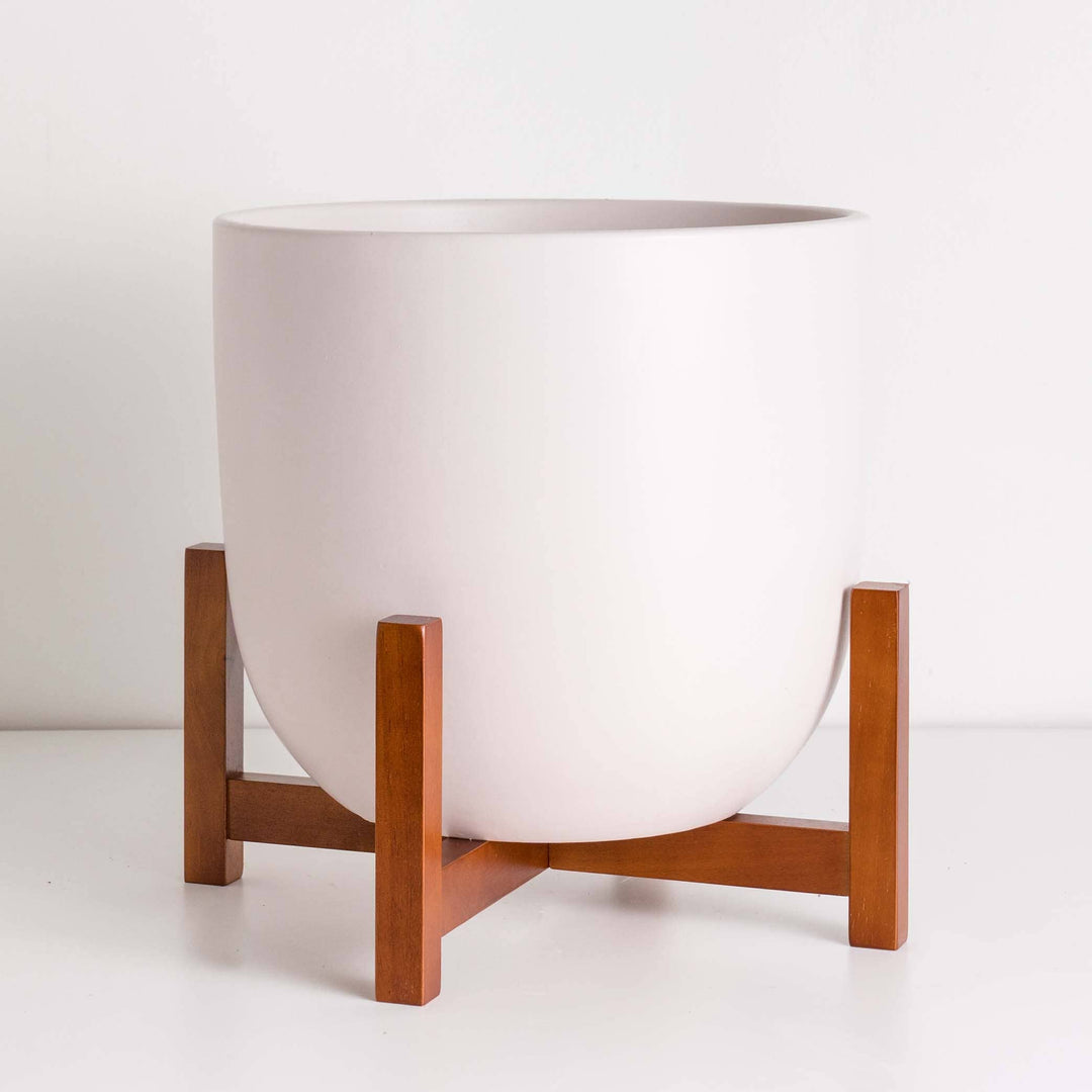 Contour Ceramic Planter + Medium Wood Stand Soft Pink