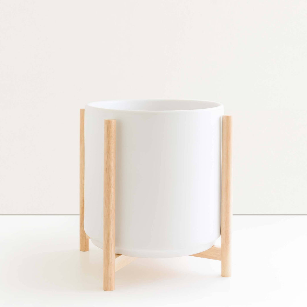 White Ceramic Planter with Wood Plant Stand Natural Wood Stain
