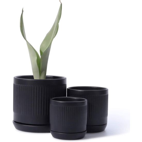 Matte Black Fluted Cylinder Ceramic Plant Pots