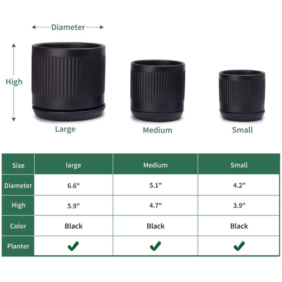 Matte Black Fluted Cylinder Ceramic Plant Pots