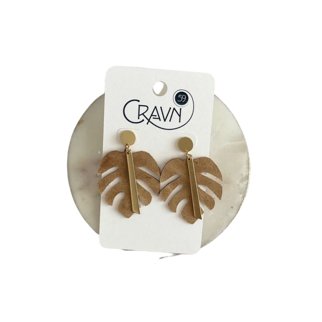 Monstera Brass and Leather Dangle Earrings