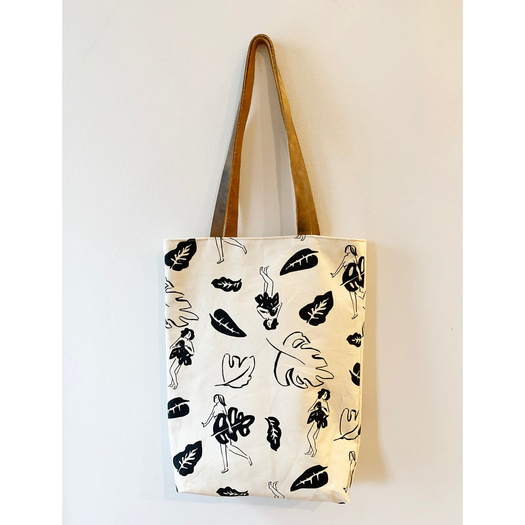 Canvas Tote w/ Leather Handle - Ladies & Leaves