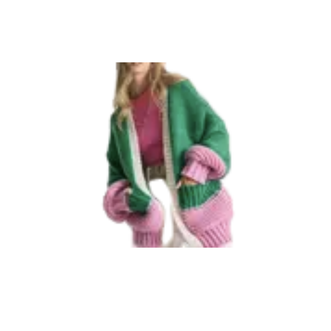 Color Block Hand Knit Cardigan - Green Multi