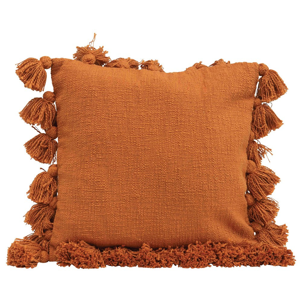 Burnt Orange Rust Square Cotton Throw Pillow with Tassels