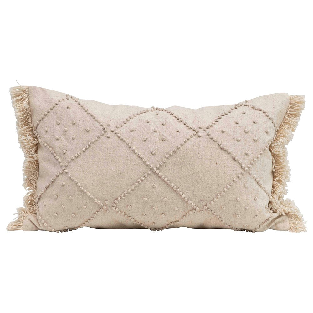 Cream Color Woven Cotton & Linen Blend Lumbar Pillow w/ French Knots & Fringe