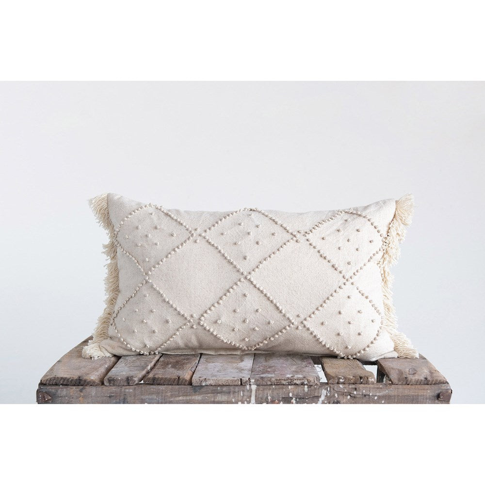Cream Color Woven Cotton & Linen Blend Lumbar Pillow w/ French Knots & Fringe
