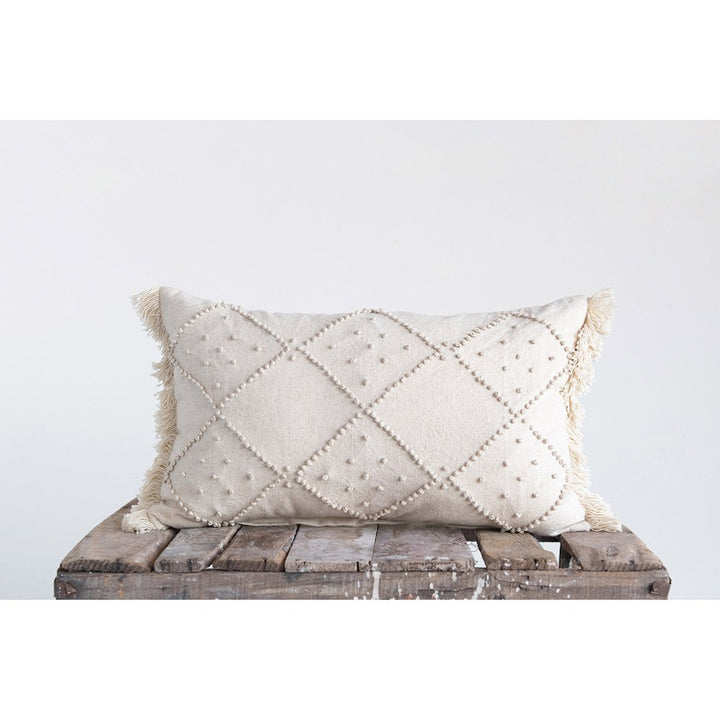 Cream Color Woven Cotton & Linen Blend Lumbar Pillow w/ French Knots & Fringe