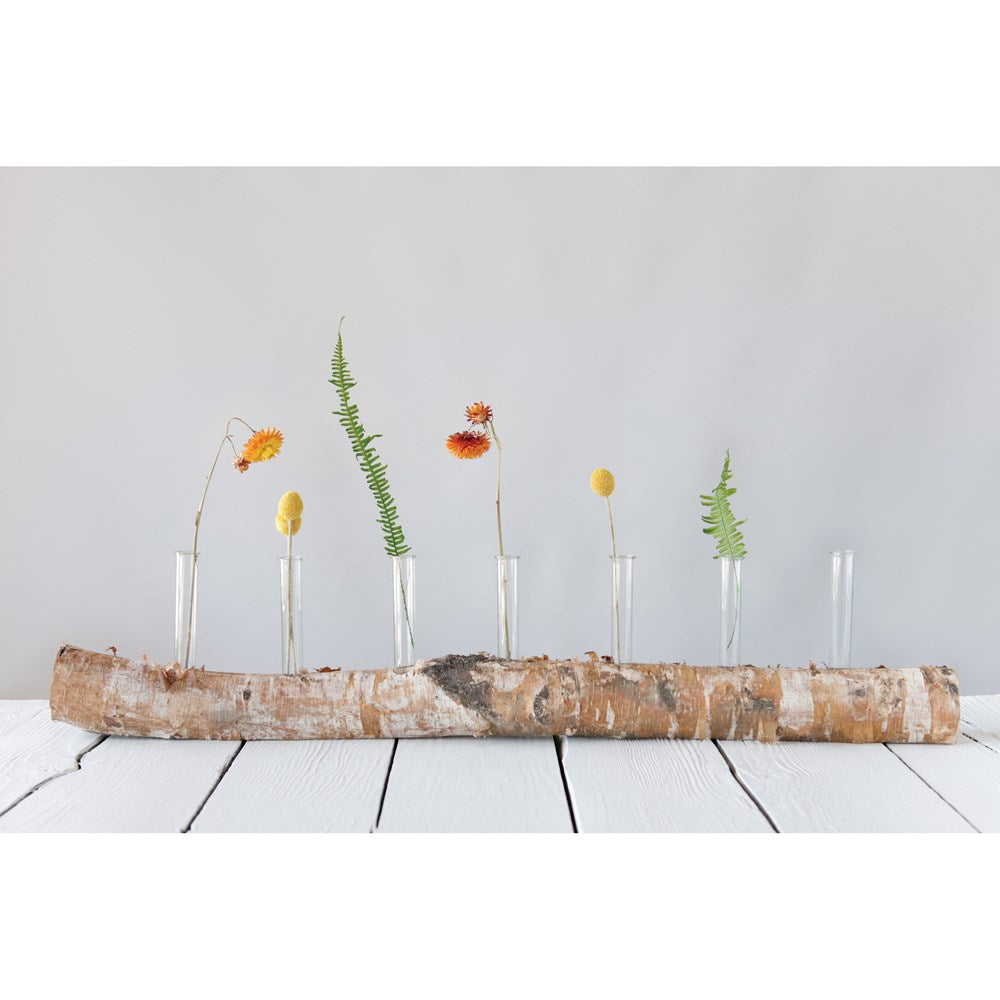 Birch Wood Log with Glass Tube Vases