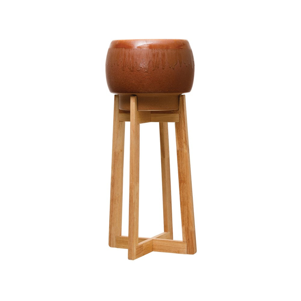 Burnt Sienna Stoneware Planter with Wood Stand